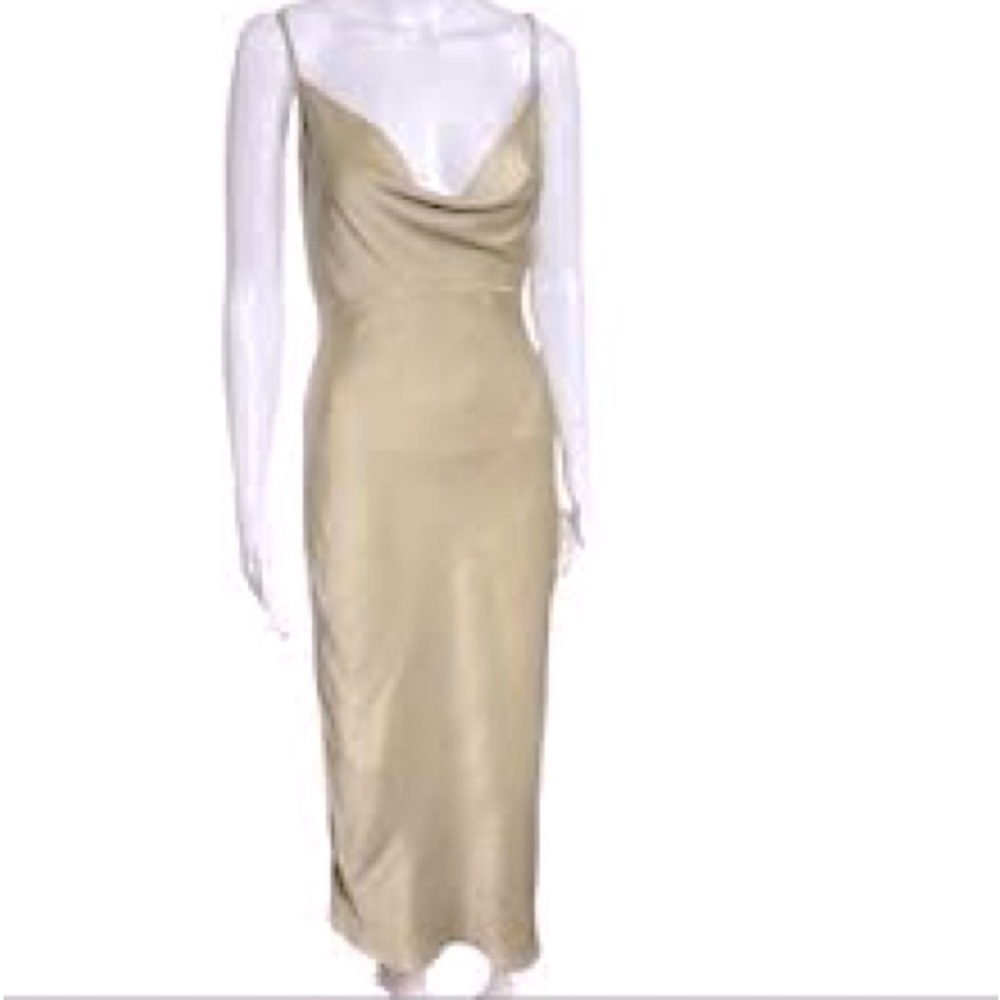 La Charme U Champagne Satin Deep Draped Cowl Neck Midi Slip Dress Size Small